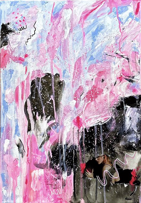 An abstract mixed-media painting with bold pink, black, white, and blue paint splashes, drips, and a small figure of a woman in the lower portion.