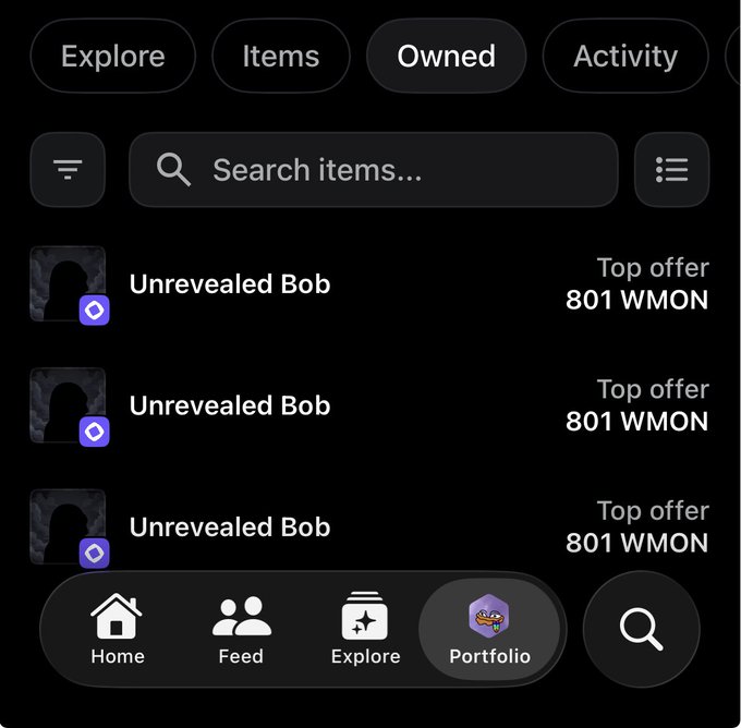 A dark-themed NFT marketplace interface on the 'Portfolio' tab showing three identical 'Unrevealed Bob' items, each with a top offer of 801 WMON.