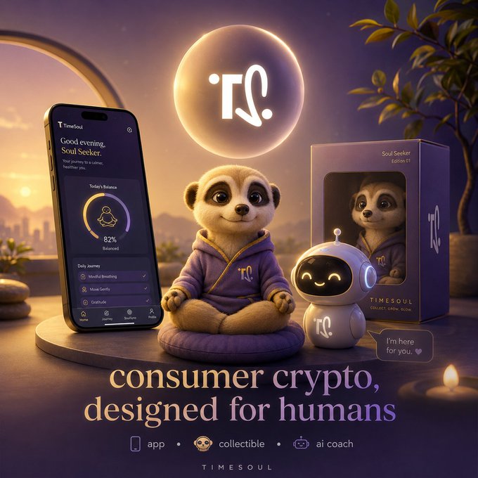 A warm, sunset-lit promotional image for 'TIMESOUL' featuring a sloth plush, a smartphone app interface, a small robot, and collectible packaging, tagged 'consumer crypto, designed for humans.'
