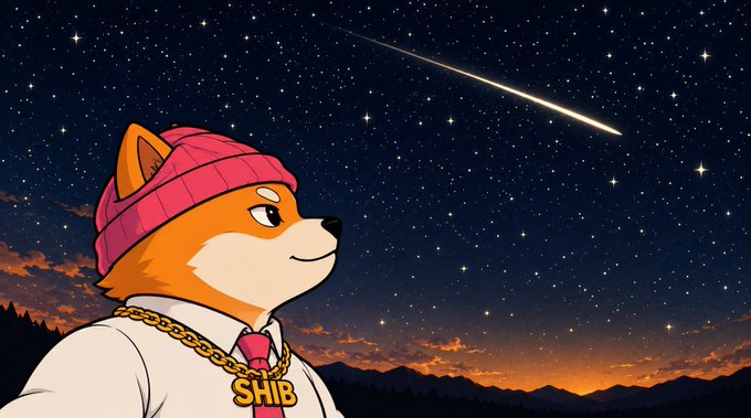 An animated illustration of a Shiba Inu dog wearing a red beanie, white shirt, red tie, and a gold chain with a 'SHIB' medallion, set against a starry night sky featuring a shooting star.