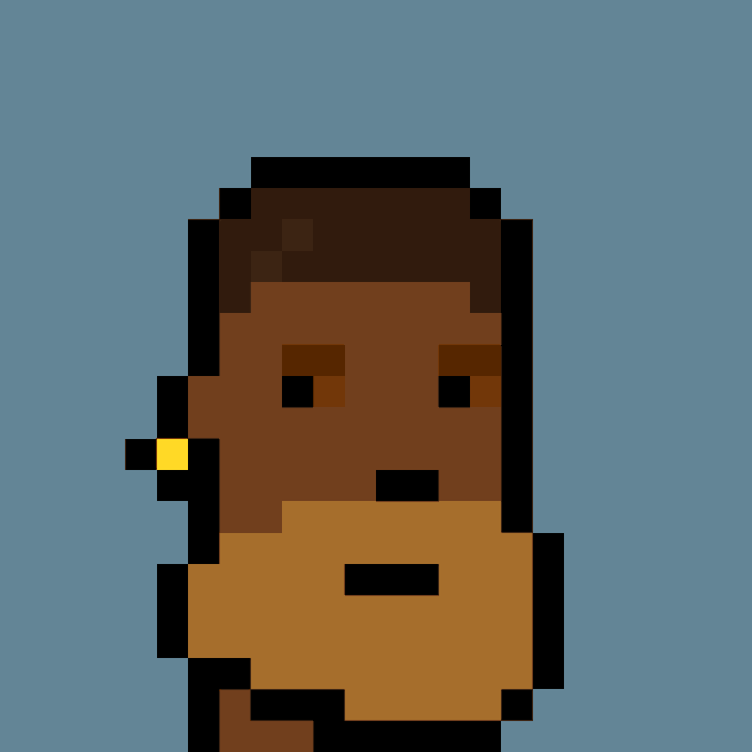 A minimalist pixel art avatar of a person with dark skin, short hair, and a yellow earring on a blue background.