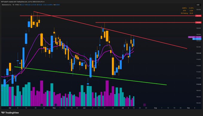 TradingView chart of BlackRock Inc. (BLK) on NYSE, daily timeframe, showing a falling wedge or descending triangle pattern with a downtrend line around $112-115 and resistance near $128.