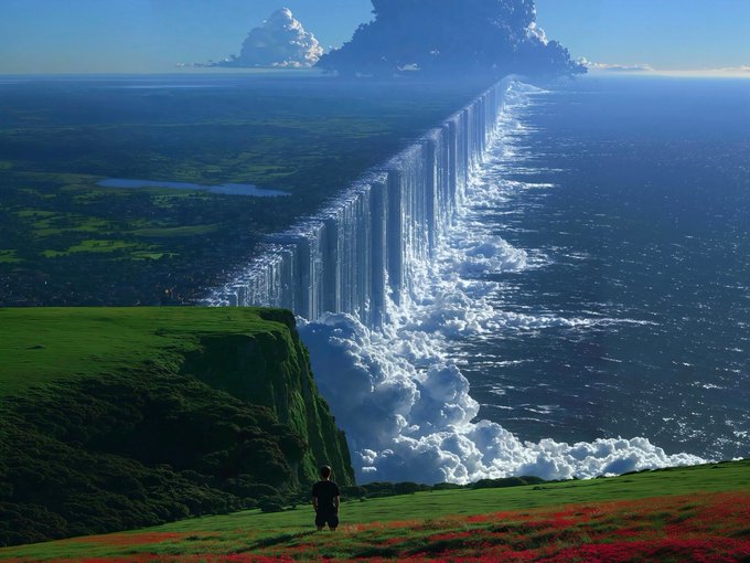 Surreal landscape image showing a person standing on a green cliff overlooking a massive waterfall cascading into the ocean under a dramatic blue sky.