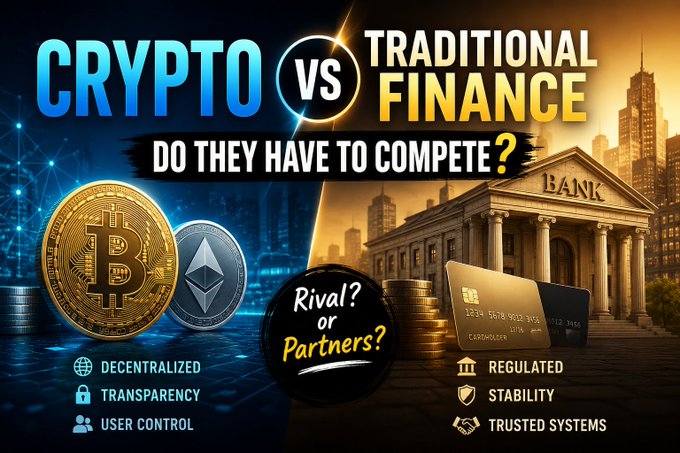 The image is a split graphic titled "CRYPTO VS TRADITIONAL FINANCE: DO THEY HAVE TO COMPETE?" featuring Bitcoin and Ethereum coins alongside decentralized/transparent traits on the left, and a classical bank building with credit cards alongside regulated/stable traits on the right, with a center badge asking "Rival? or Partners?"—visually framing the post's central question about whether crypto and traditional finance must oppose each other rather than coexist.