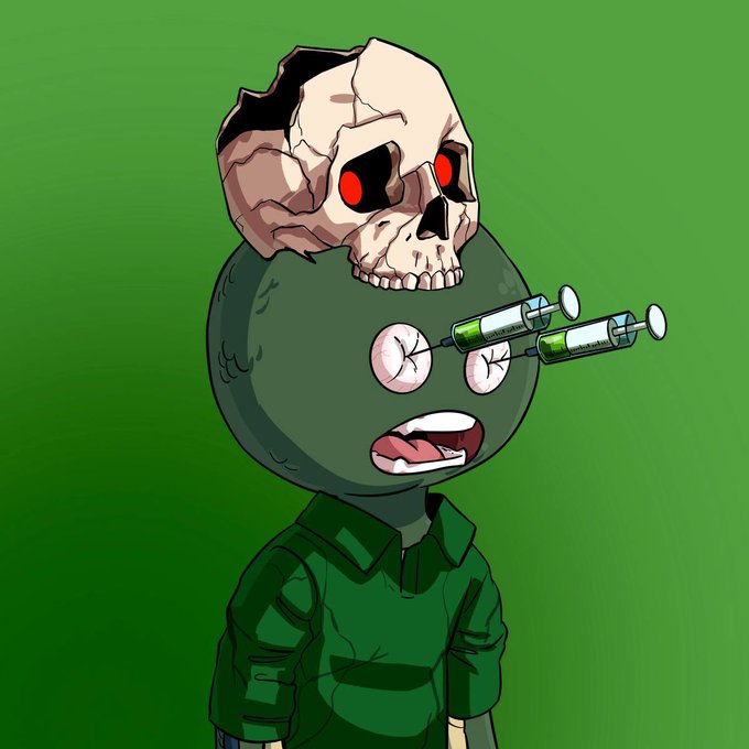 The image features a cartoon character with a skull hat placed over its head, giving it an evil or scary appearance. The character also has two syringes sticking out of its mouth, which adds to its menacing look. The background color is green, providing a stark contrast that makes the character and its accessories stand out even more. The caption below the image reads: "I'm giving away 5 GTD spots for Ded Mundos Supply: 2500, Upcoming free Mint on ETH To enter: • Follow me, @dedmundos & @ChiperVault • Like + RT this post • Drop your address".