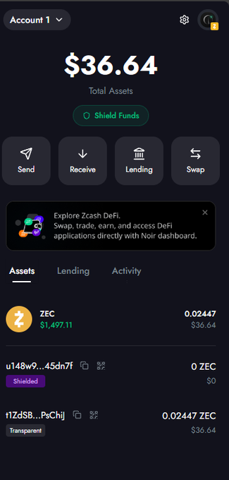 Screenshot of a cryptocurrency wallet app showing total assets of $36.64, with ZEC token holdings worth $36.64 and shielded and transparent addresses listed below.