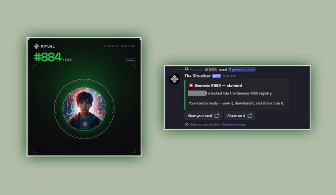 The image displays the user's Ritual Genesis NFT #884/1000 featuring a digital avatar, alongside a Discord bot notification from "The Ritualizer" app confirming the successful claim of Genesis #884 into the Genesis 1000 registry, with options to view the card or share it on X. The visuals directly illustrate the post's announcement about claiming a limited Genesis NFT available only to the first 1000 users who deployed agents on the Ritual testnet.