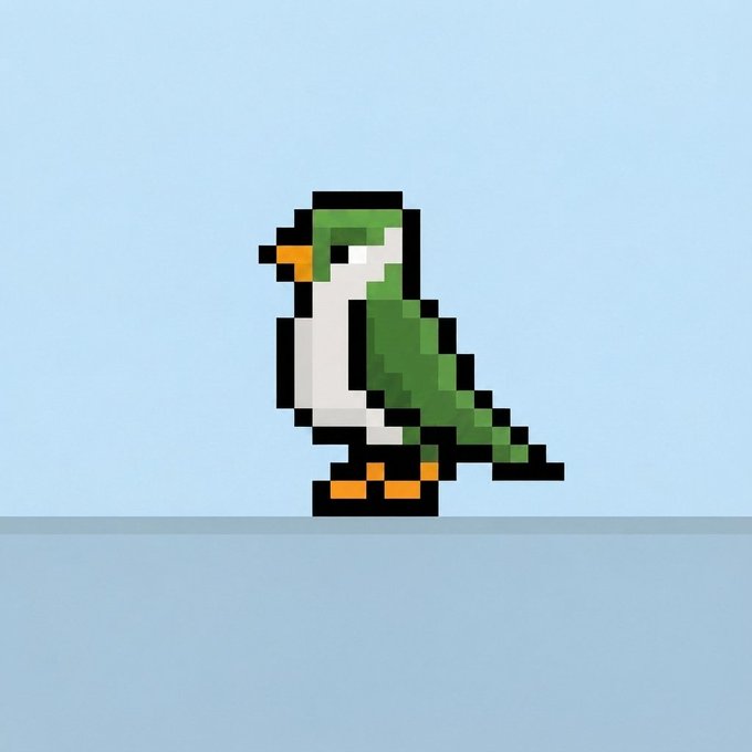 A pixel art bird with green plumage, a white chest, and orange beak and feet stands on a simple gray line, embodying the nostalgic 8-bit style promoted by the "Birds 8bit" NFT collection of 3,456 unique pieces on OpenSea.