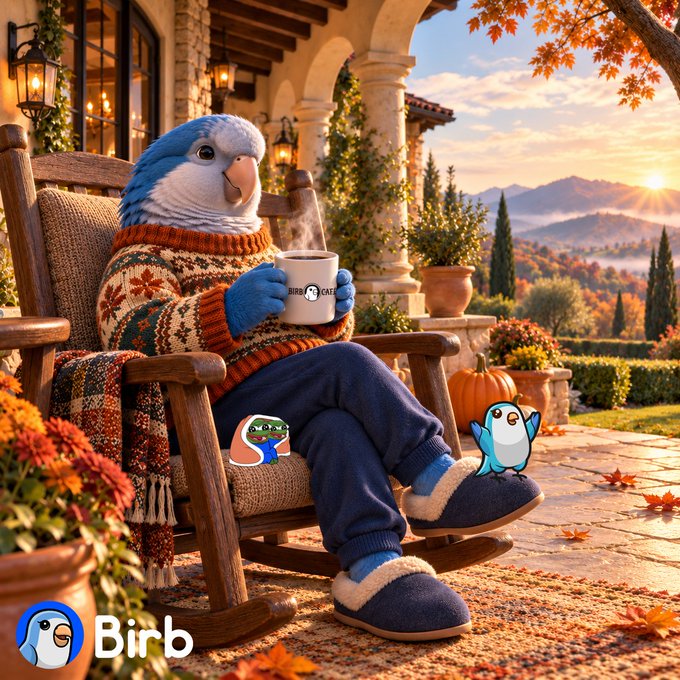 An anthropomorphic bird character wearing a cozy sweater and slippers relaxes in a rocking chair with a mug, set against a beautiful autumn sunset backdrop, branded with the 'Birb' logo.