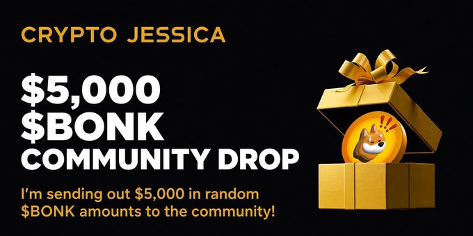 A promotional graphic for "Crypto Jessica" announces a "$5,000 $BONK Community Drop," featuring bold yellow and white text alongside an image of a golden gift box containing a Shiba Inu-style coin, matching the giveaway details in the post where followers can participate by commenting their Solana wallet address for a chance at random $BONK rewards.