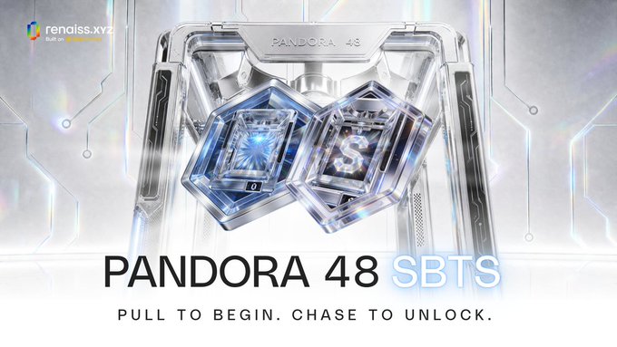 A promotional image for 'PANDORA 448 SBTS' by renaiss.xyz, displaying two futuristic hexagonal tokens with the tagline 'PULL TO BEGIN. CHASE TO UNLOCK.'