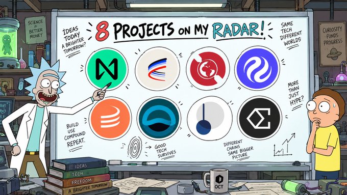 Rick and Morty-style cartoon illustration titled '8 PROJECTS ON MY RADAR!' featuring the scientist character pointing at a whiteboard with 8 cryptocurrency project logos and notes like 'BUILD USE COMPOUND REPEAT' and 'GOOD TECH SURVIVES'.