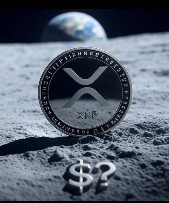 An XRP cryptocurrency coin standing upright on the moon's surface with Earth visible in the background, and a '$?' symbol in the foreground.