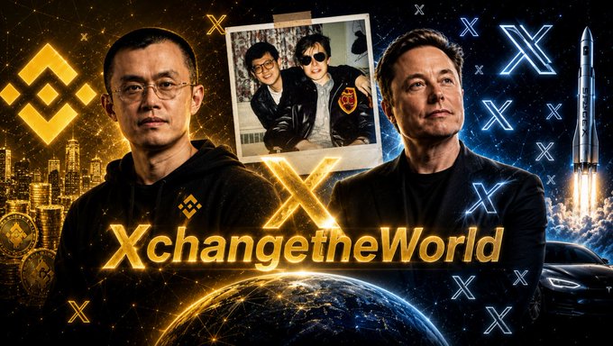 The image features a side-by-side composite of Changpeng Zhao (CZ) of Binance on the left with the BNB logo, and Elon Musk on the right with his Tesla and SpaceX rocket imagery, alongside a vintage photo of the two together and the "XchangetheWorld" branding with the X logo.

The image visually represents the "XchangetheWorld" cryptocurrency project by pairing CZ and Musk—a nod to the "change" wordplay linking "exchange" (Binance) and Musk's branding—reinforcing the post's call about the token at contract address 0xe9d476ce8ba9431a6c1ae39c00e84dab5c717777.