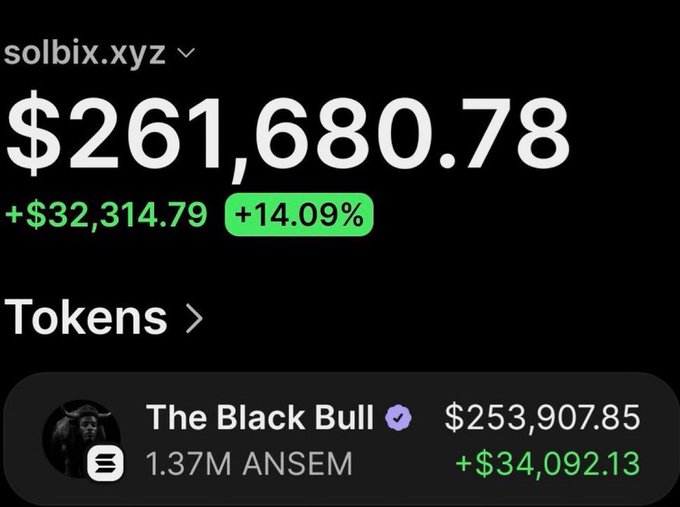 The image shows a crypto wallet dashboard for "solbix.xyz" displaying a total balance of $261,680.78 with a gain of $32,314.79 (+14.09%), including a token called "The Black Bull" with 1.37M ANSEM valued at $253,907.85. The accompanying post promotes a $2,000 $ANSEM giveaway requiring engagement (likes, retweets, and proof submission), suggesting the wallet's substantial holdings serve as proof of legitimacy or success to entice participation in the giveaway.