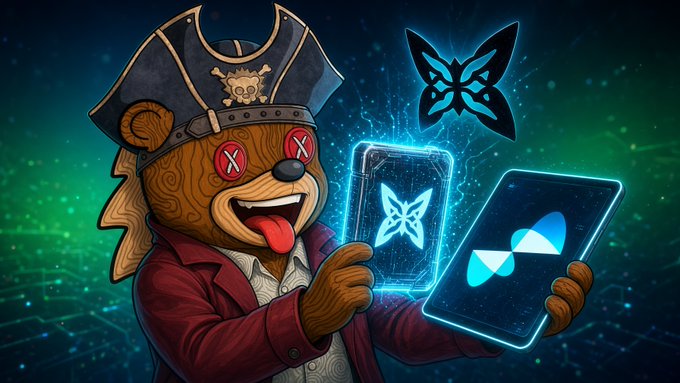 A cartoon bear dressed as a pirate with an eyepatch and hat, holding up two glowing blue digital cards displaying butterfly/wing logos against a green digital background.