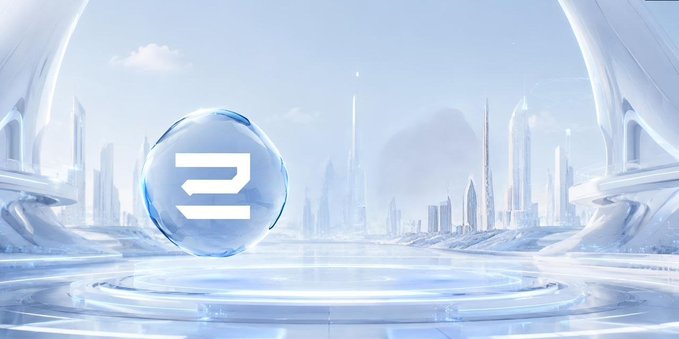 A futuristic sci-fi digital illustration featuring a blue energy orb with a stylized '2' or letter 'Z' symbol, set against a backdrop of a futuristic white city with rings and tall spires.