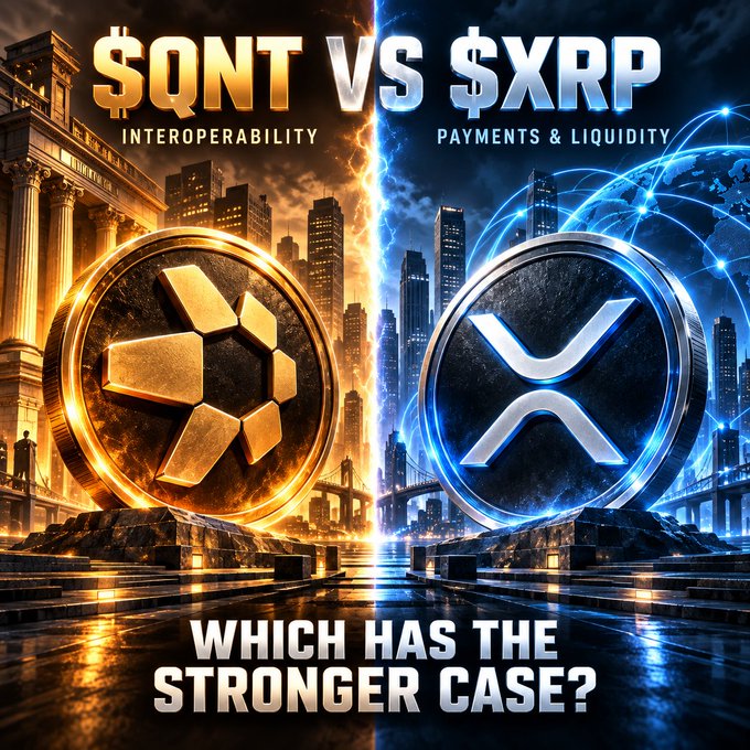 A graphic comparison titled '$QNT VS $XRP' asking 'WHICH HAS THE STRONGER CASE?', contrasting QNT's 'INTEROPERABILITY' with XRP's 'PAYMENTS & LIQUIDITY' using dramatic imagery of cityscapes and lightning.