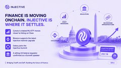 Injective blockchain infographic titled 'Finance is Moving Onchain. Injective is Where It Settles,' highlighting features like curated IP tokens, RWAs, DeFi suites, 20-second blocks, EVM support, and 24/7 finance.