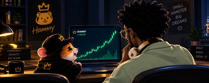 An illustrated scene showing a person with headphones and glasses watching a stock chart for 'SHAMMY' (+246.32%) on a laptop alongside an anthropomorphic hamster wearing a black cap and hoodie. Text reads 'COMMUNITY GROWTH BIG PLANS' and 'SMALL HAMSTER BIG DREAMS'.