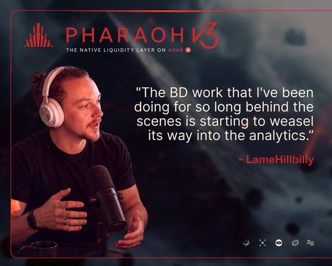 A promotional graphic for 'PHARAOH V3 - THE NATIVE LIQUIDITY LAYER ON AVAX' featuring a podcast-style photo of a man with headphones, with a quote attributed to 'LameHillbilly': "The BD work that I've been doing for so long behind the scenes is starting to weasel its way into the analytics."