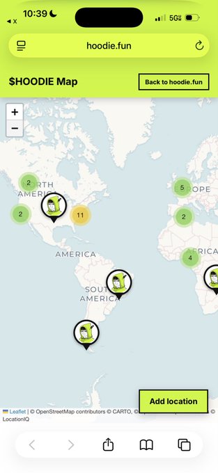 A mobile screenshot of a website called 'hoodie.fun' displaying a '$HOODIE Map' with green location pins across North America, South America, Europe, and Africa.