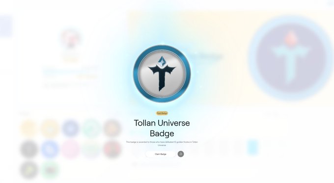 A digital badge or token interface showing a 'Tollan Universe Badge' with a stylized symbol in a circular metallic frame, labeled as an exchange and Uniswap item.