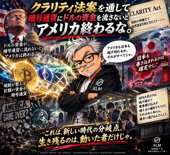This dramatic illustration, branded with the "XLM" cryptocurrency logo, features a stern, white-haired man with glasses and a goatee as the central figure, surrounded by imagery contrasting American financial decline with Japan's economic struggles. Key text and visuals include:

- **Top banner**: "CLARITY Act" document, alongside Japanese text warning "クラリティ法案を通して暗号通貨にドルの資金を流さないとアメリカ終わるな" (If we don't channel dollar funds into crypto through the Clarity Act, America is finished).
- **Trump's portrait** beside the U.S. Capitol with the message that without channeling dollar funds into crypto, America will collapse.
- **Cryptocurrency symbols** (Bitcoin, Ethereum, XRP/XLM) and dollar bills swirling around, with text explaining that once regulations are organized, massive funds will flow into crypto.
- **Japan's side**: A distressed Japanese figure, Mt. Fuji, and Tokyo Tower, with the figure saying "アメリカも日本も逃げ切れるか。それがナ