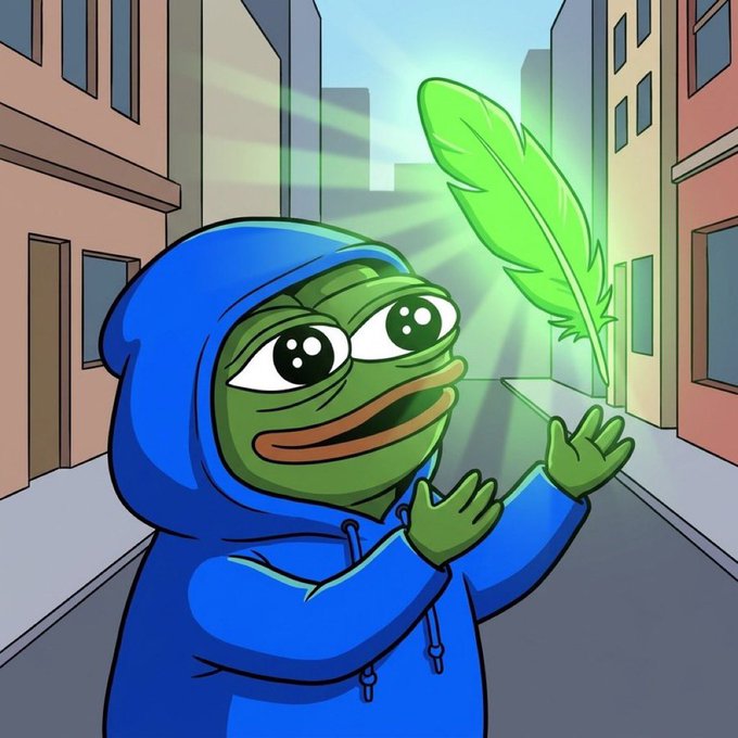 A Pepe the Frog character in a blue hoodie reaches toward a glowing green feather on a city street. The image evokes the post’s mention of “$PEPE,” Robinhood, meme culture, and potential trader attention and liquidity.