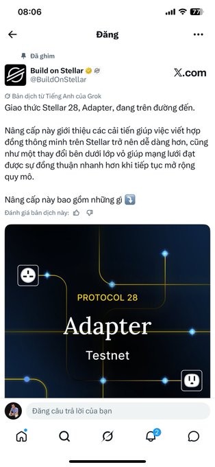 Screenshot of Build on Stellar's (@BuildOnStellar) post about Stellar Protocol 28, "Adapter," highlighting the upcoming testnet release of the major network upgrade featuring new interoperability tools, with key release dates including the August 13 Core Release and upcoming Testnet and Mainnet voting milestones.