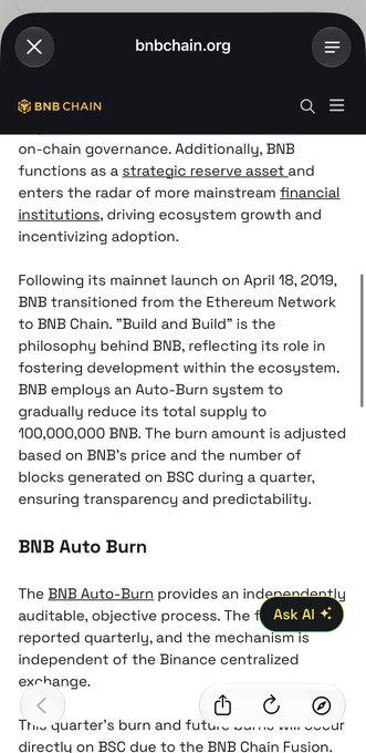A mobile browser screenshot from bnbchain.org displays information about BNB Chain's 'BNB Auto Burn' mechanism, including details about its Auto-Burn system and quarterly audits.