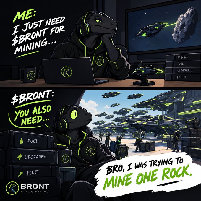 A two-panel comic for Bront Space Mining showing a lizard character saying 'I just need $bront for mining...' only to be overwhelmed by fuel, upgrades, and fleet requirements.