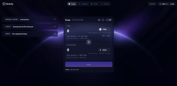 A cryptocurrency swap interface on the Gravity platform, showing a swap between TADA and VEGA tokens with user balances displayed.