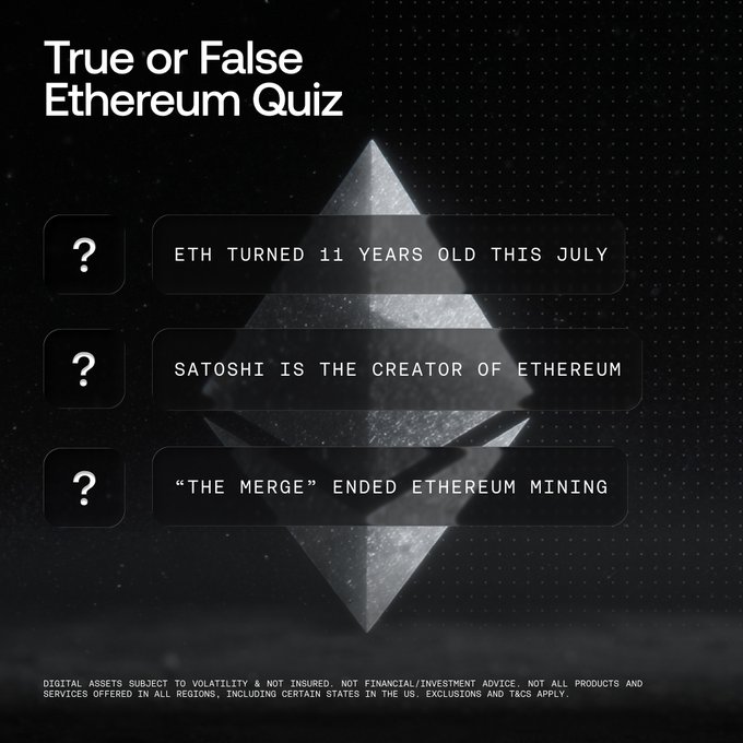 This image is a "True or False Ethereum Quiz" asking if ETH turned 11 in July, if Satoshi created Ethereum, and if "The Merge" ended Ethereum mining, prompting engagement with the accompanying post for a chance to win $500 USDT.