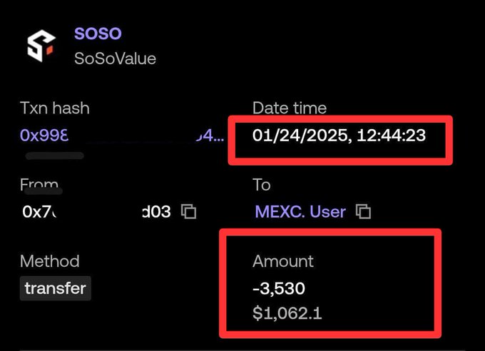 The image features a screen display with various boxes of information, including the date time, amount, transfer method, and airdrop reward. The text at the top indicates that the details are from SoSo Value cryptocurrency exchange, Mexc, and users. It appears that the screen is related to an account or transaction in SoSo Value. A close reading would provide more specific information about these elements and their relevance to the SoS values' display.