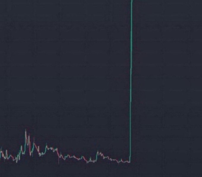 A crypto trading chart shows a flat, low-activity price history that suddenly spikes vertically off the top of the chart, humorously suggesting the ultimate "1000x" moonshot pump—but with no visible ticker or coin name, it's a generic tease playing on the post's request for which memecoin or altcoin will 1000x.