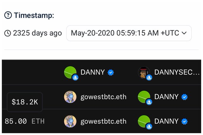 A screenshot showing a timestamp of May-20-2020 05:59:15 AM +UTC (2325 days ago) with a transaction of 85.00 ETH ($18.2K) involving users DANNY, dannysec, and gowestbtc.eth.
