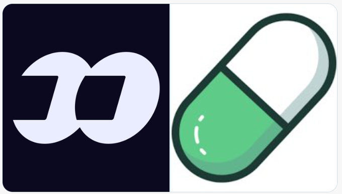 A graphic showing two app icons side by side: a dark square featuring a stylized 'm' logo on the left, and a green and white pill/capsule icon on the right.