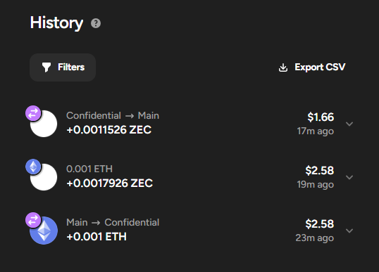 A transaction history interface showing ZEC and ETH transfers between Confidential and Main accounts, with transactions valued at $1.66 and $2.58 occurring 17-23 minutes ago.