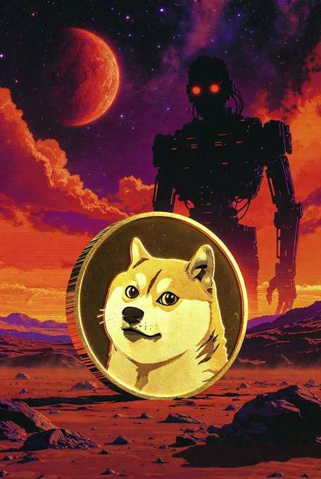 Digital artwork featuring a Dogecoin (Doge/Shiba Inu) coin in the foreground with a menacing Terminator-like robot with glowing red eyes standing in the background against an alien landscape with a red planet.