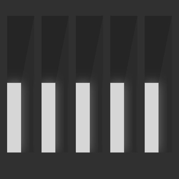 A minimalist black square image featuring five vertical white bars illuminated at the bottom against a dark background, resembling piano keys or a stylized bar chart.
