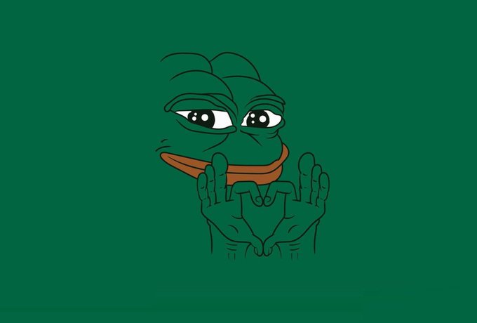 A minimalist digital drawing of a green Pepe the Frog character with an orange beak, holding both hands up in a stopping or surrendering gesture against a dark green background.