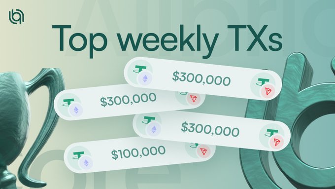 A graphic displaying 'Top weekly TXs' with several transaction entries showing $300,000 and $100,000 amounts alongside icons.