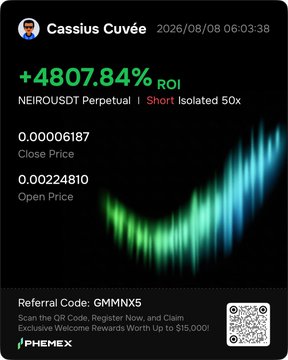 A trading performance card showing 'Cassius Cuvée' with a remarkable '+4807.84% ROI' on NEIROUSDT Perpetual Short Isolated 50x, featuring a candlestick chart and a referral code 'GMMNX5' with a QR code.