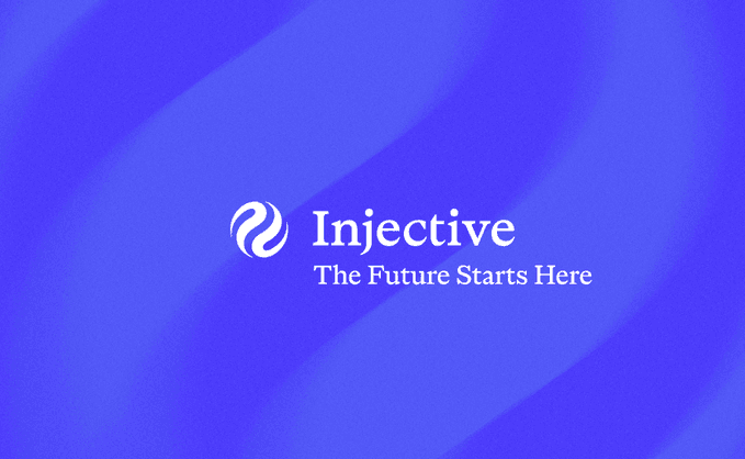A purple gradient graphic displaying the white Injective logo and the tagline 'The Future Starts Here'.