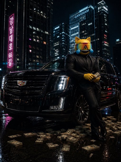A figure wearing a yellow dog mask and a black suit leans against a black Cadillac Escalade in a neon-lit Gangnam street scene, with stacks of cash scattered on the wet ground.
