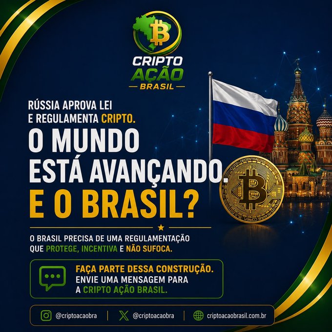 Portuguese promotional graphic for Cripto Ação Brasil about Russia's crypto regulation law, asking 'And Brazil?', featuring Russian flag, Bitcoin imagery, and St. Basil's Cathedral.