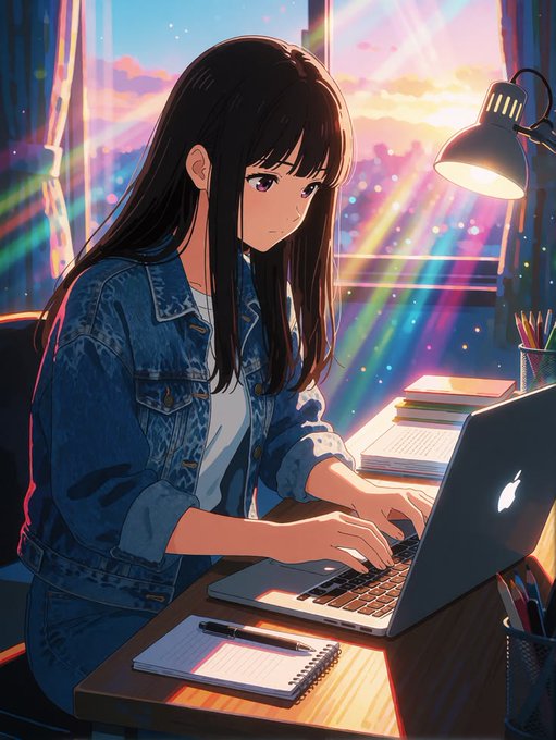 An anime-style illustration of a young woman with long dark hair typing on a laptop at a desk, with vibrant rainbow light streaming through a window behind her.