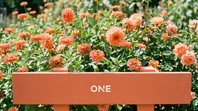 A coral-colored sign reading “ONE” stands amid a lush garden of orange flowers, reinforcing how small contributions across NEXUS products collectively support ONE.