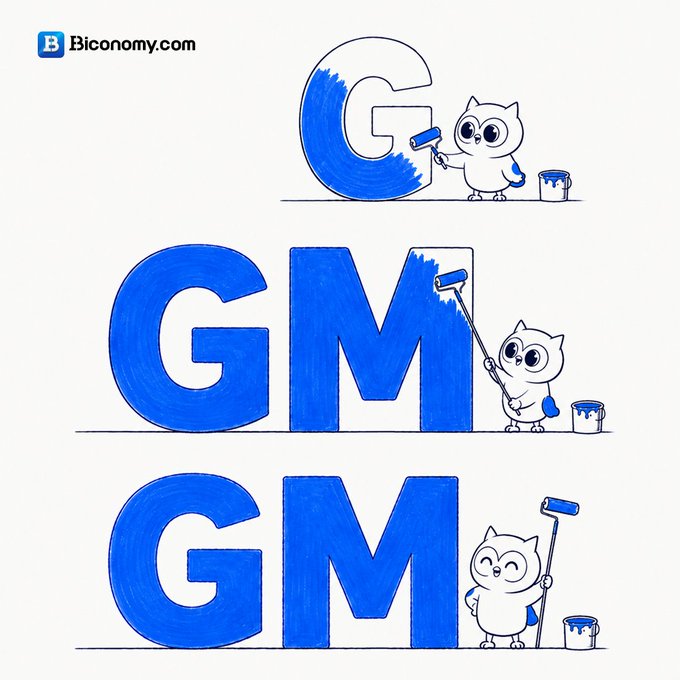 A three-panel cartoon by "Biconomy.com" showing a white character progressively painting the word "GM" in blue.